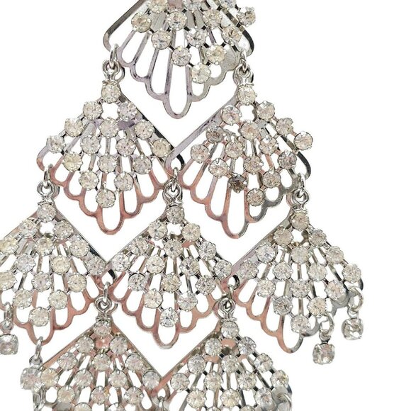 Clear Rhinestone Large Abstract Openwork Diamond Dangle Necklace Earring Set - Picture 3 of 7